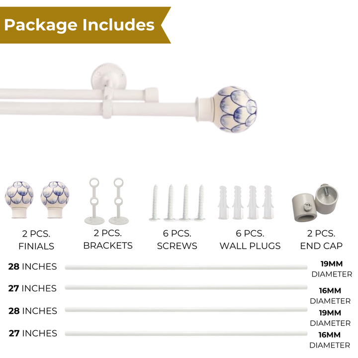 Cream & Blue Double Curtain Pole | Ball Finials | Rustproof | 25KG Load | Classic Style