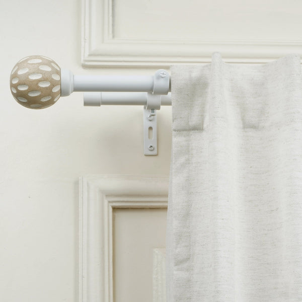 White Double Curtain Pole Set with Fluted Ball Finials - Extendable, Telescopic, Rustproof - 71-122cm, 122-224cm, 213-366cm