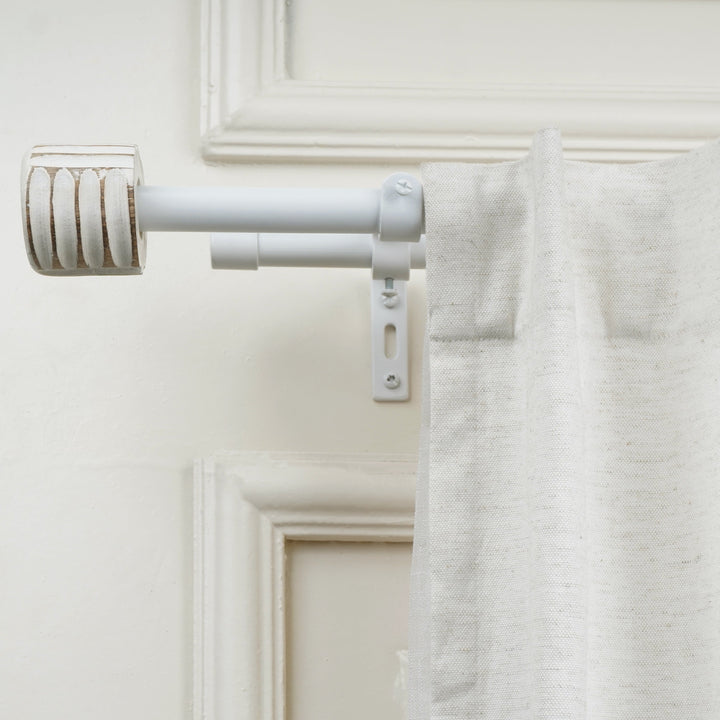 Double Curtain Pole | White | Extendable & Adjustable | Distressed Wooden Finials | 28-144 Inch