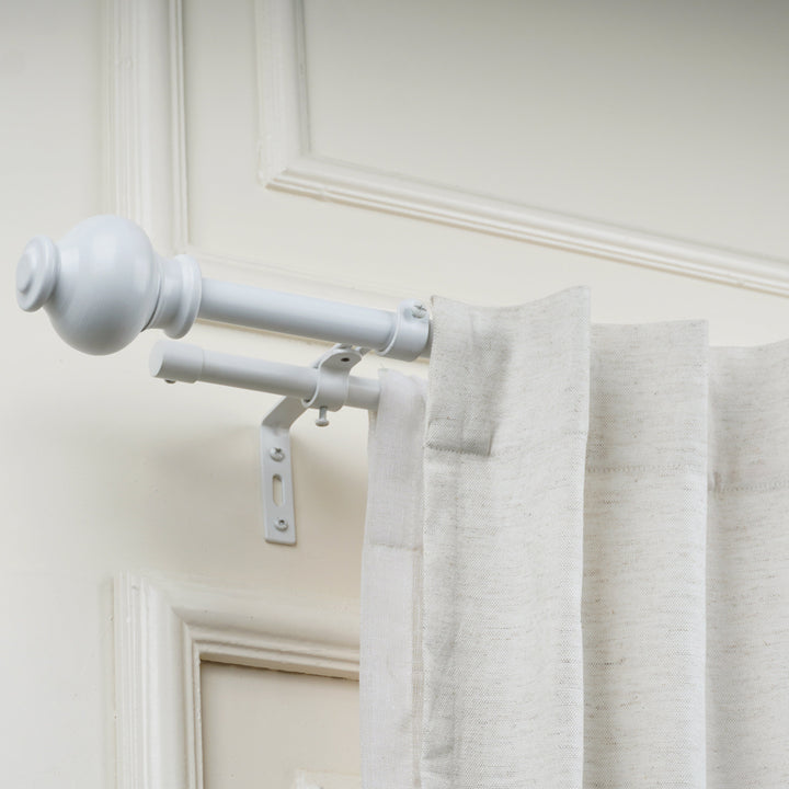 White Double Curtain Pole with Ball Finials | Extendable | 28-144 Inches