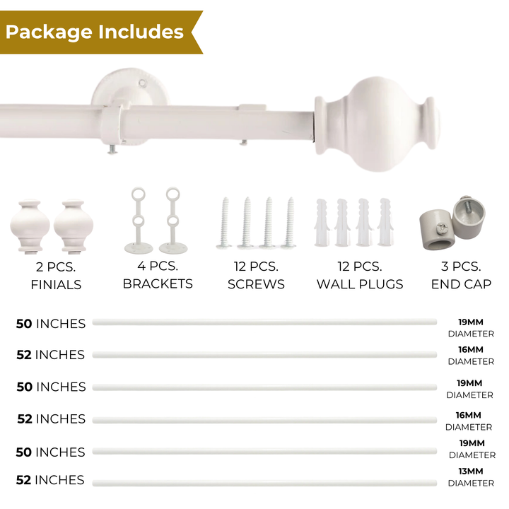 White Double Curtain Pole with Ball Finials | Extendable | 28-144 Inches