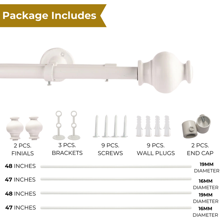 White Double Curtain Pole with Ball Finials | Extendable | 28-144 Inches
