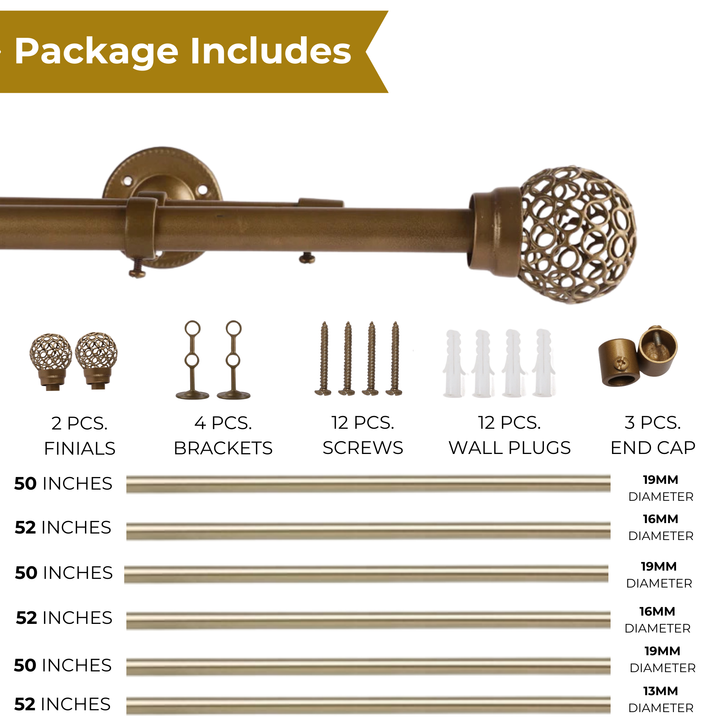 Gold Double Curtain Pole | Rustproof & Heavy Duty | Extendable Telescopic | 28-144 Inch