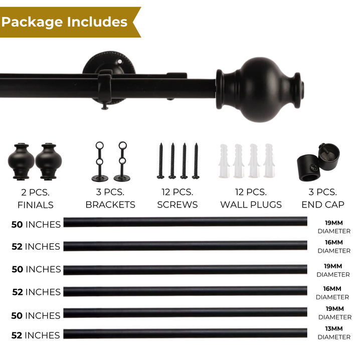 Black Double Curtain Pole | Urn Finials | Rustproof | 25KG Load | Traditional Style