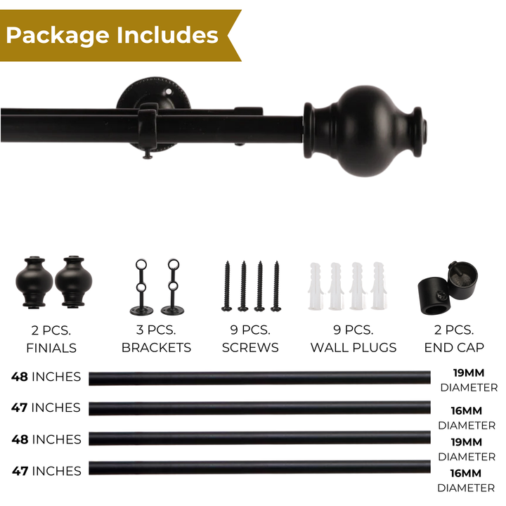 Black Double Curtain Pole | Urn Finials | Rustproof | 25KG Load | Traditional Style