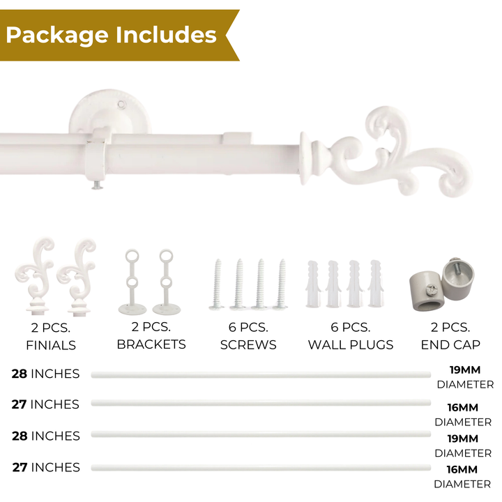 White Double Curtain Rod with Scrolled Finials | 28-144 Inches