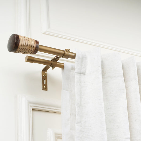 Gold Double Curtain Pole | Wooden & Wicker Finials | Rustproof | 25KG Load | Modern Rustic Style