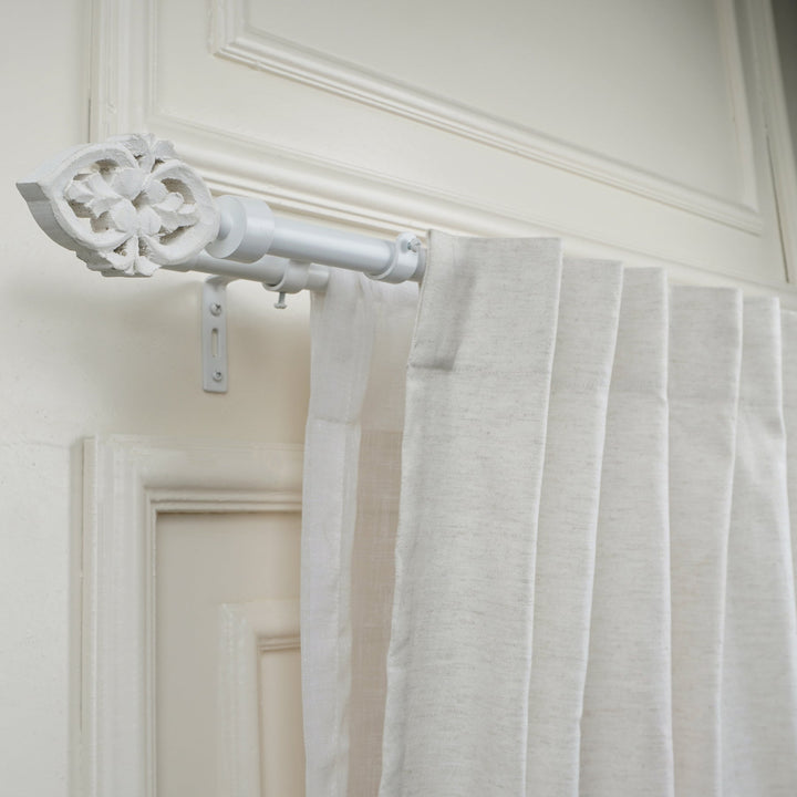 White Extendable Double Curtain Pole With Decorative Carved Finials