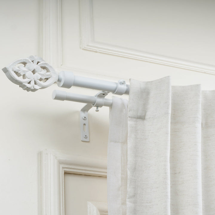 White Extendable Double Curtain Pole With Decorative Carved Finials