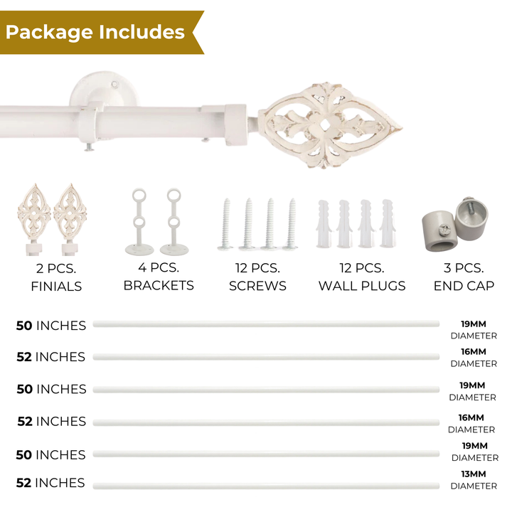 White Extendable Double Curtain Pole With Decorative Carved Finials