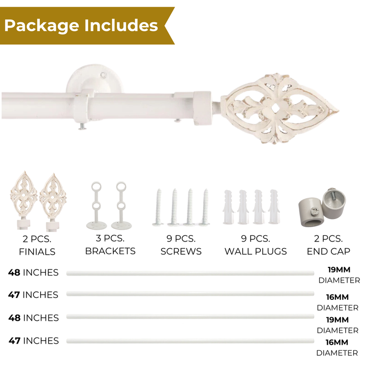 White Extendable Double Curtain Pole With Decorative Carved Finials