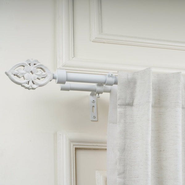 White Extendable Double Curtain Pole With Decorative Carved Finials