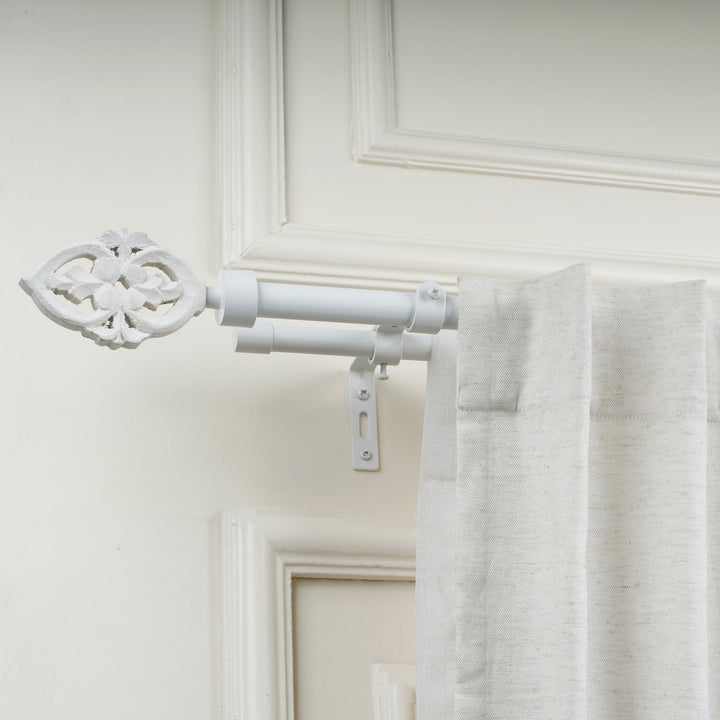 White Extendable Double Curtain Pole With Decorative Carved Finials