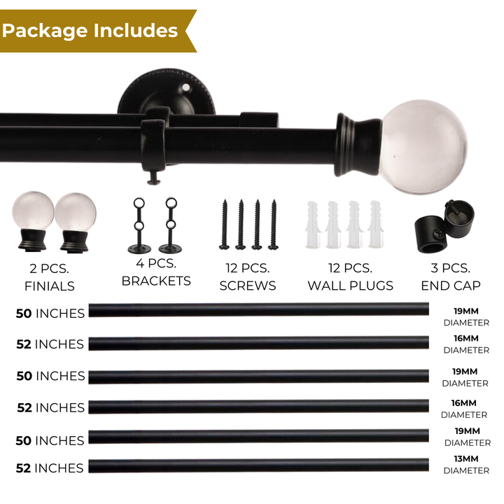 Black Extendable Double Curtain Pole with Elegant Crystal Ball Finials