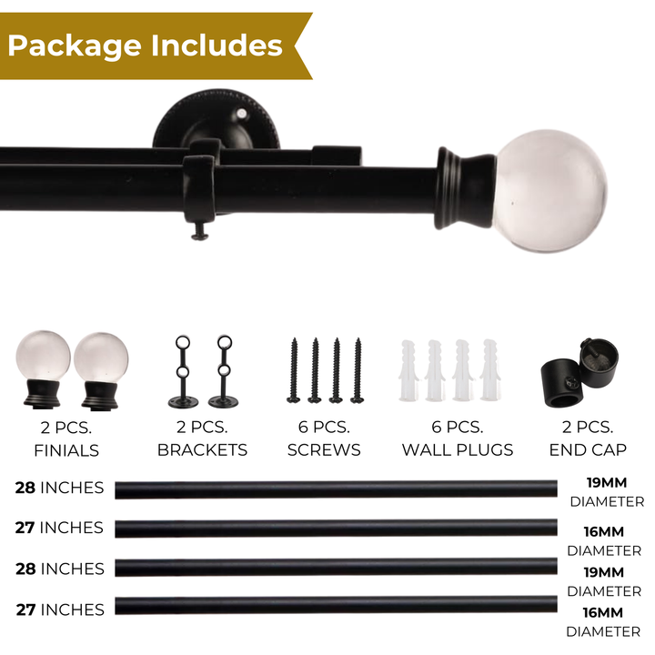 Black Extendable Double Curtain Pole with Elegant Crystal Ball Finials