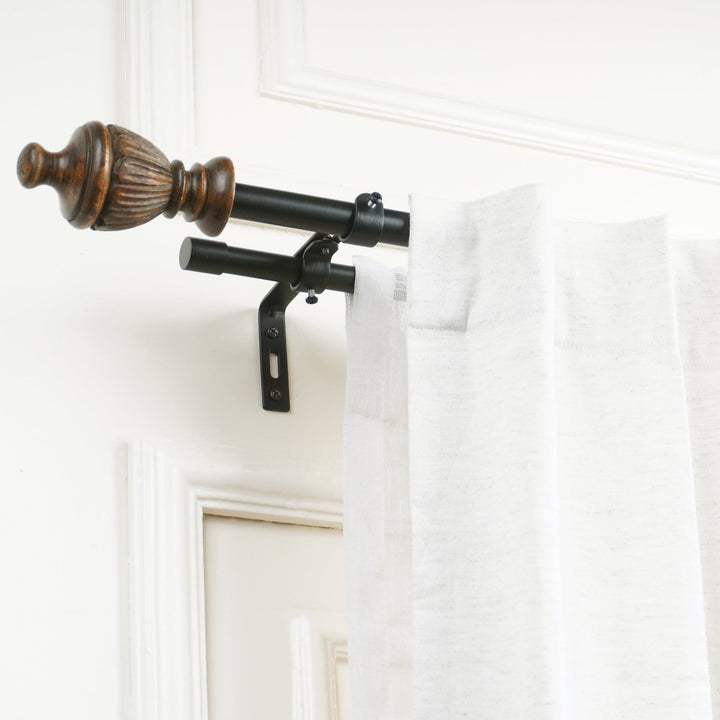 Black Metal Double Curtain Rod Set with Elegant Wooden Urn Finials | Extendable & Adjustable