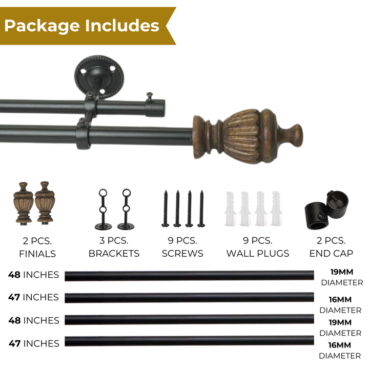 Black Metal Double Curtain Rod Set with Elegant Wooden Urn Finials | Extendable & Adjustable