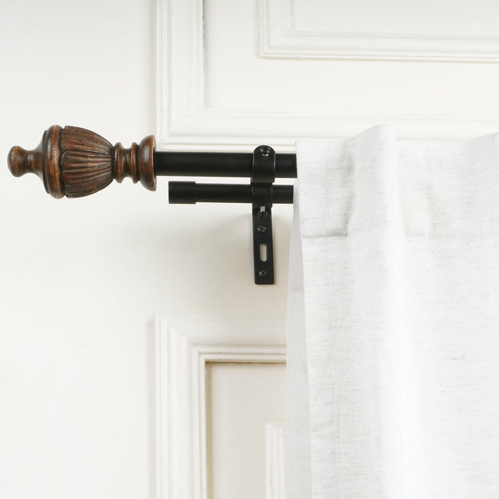 Black Metal Double Curtain Rod Set with Elegant Wooden Urn Finials | Extendable & Adjustable