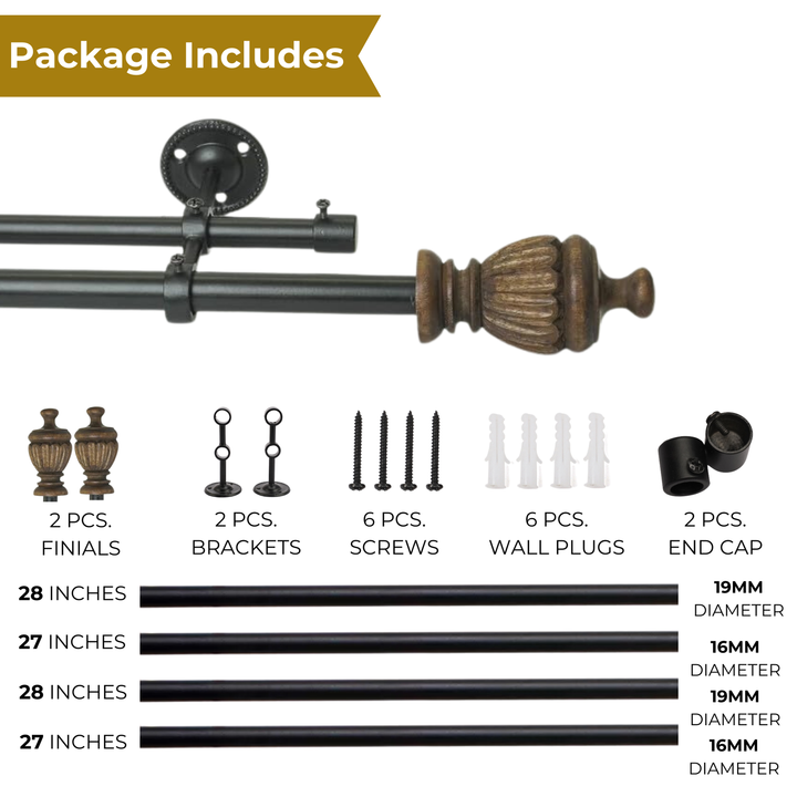 Black Metal Double Curtain Rod Set with Elegant Wooden Urn Finials | Extendable & Adjustable