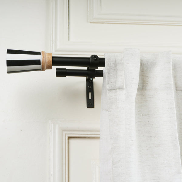 Double Curtain Pole | Black & White | Extendable & Adjustable | 28-144 Inch | Includes Striped Finials