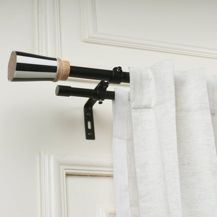 Double Curtain Pole | Black & White | Extendable & Adjustable | 28-144 Inch | Includes Striped Finials