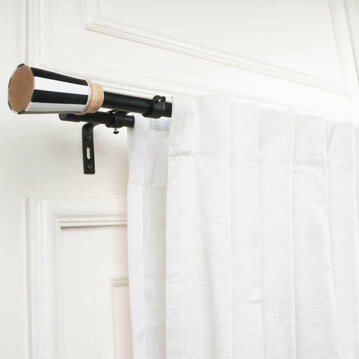 Double Curtain Pole | Black & White | Extendable & Adjustable | 28-144 Inch | Includes Striped Finials