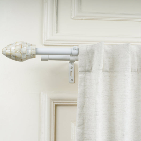 White Double Curtain Pole Set with Seashell Finials - Extendable, Telescopic, Rustproof - 71-122cm, 122-224cm, 213-366cm