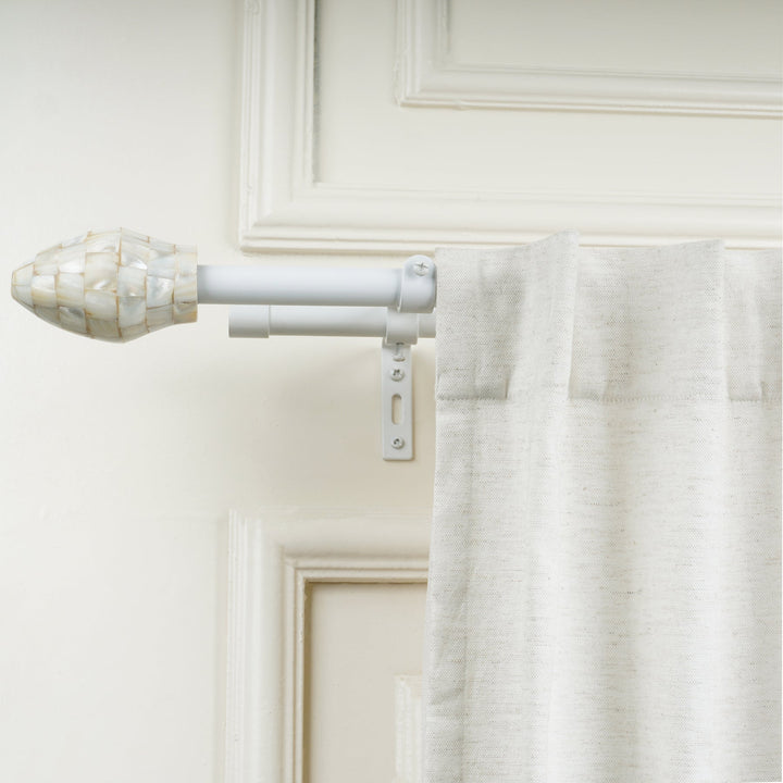 White Double Curtain Pole Set with Seashell Finials - Extendable, Telescopic, Rustproof - 71-122cm, 122-224cm, 213-366cm