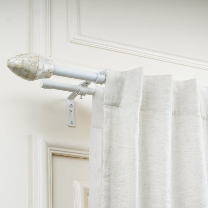 White Double Curtain Pole Set with Seashell Finials - Extendable, Telescopic, Rustproof - 71-122cm, 122-224cm, 213-366cm