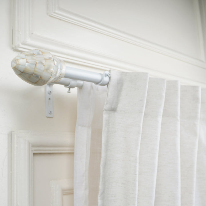 White Double Curtain Pole Set with Seashell Finials - Extendable, Telescopic, Rustproof - 71-122cm, 122-224cm, 213-366cm