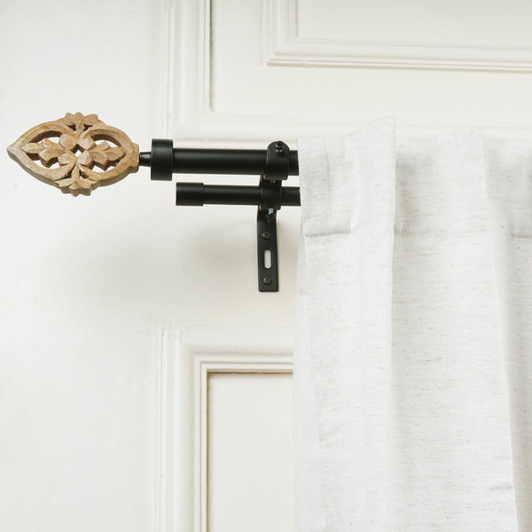 Black Double Curtain Pole Set with Leaf Design Finials - Extendable, Telescopic, Rustproof - 71-122cm, 122-224cm, 213-366cm