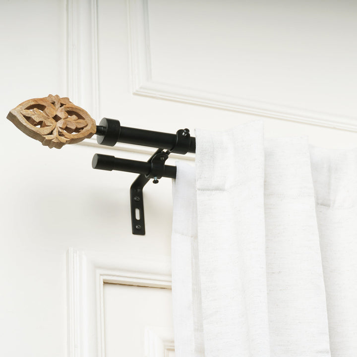 Black Double Curtain Pole Set with Leaf Design Finials - Extendable, Telescopic, Rustproof - 71-122cm, 122-224cm, 213-366cm