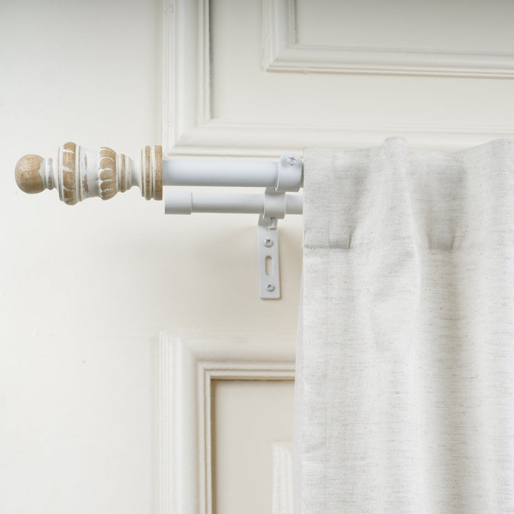 White & Wood Double Curtain Pole | Classic Turned Finials | Extendable | Farmhouse Style