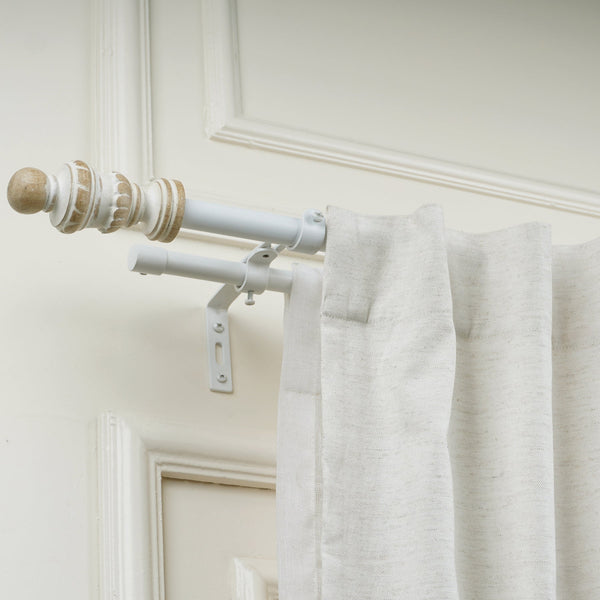 White & Wood Double Curtain Pole | Classic Turned Finials | Extendable | Farmhouse Style