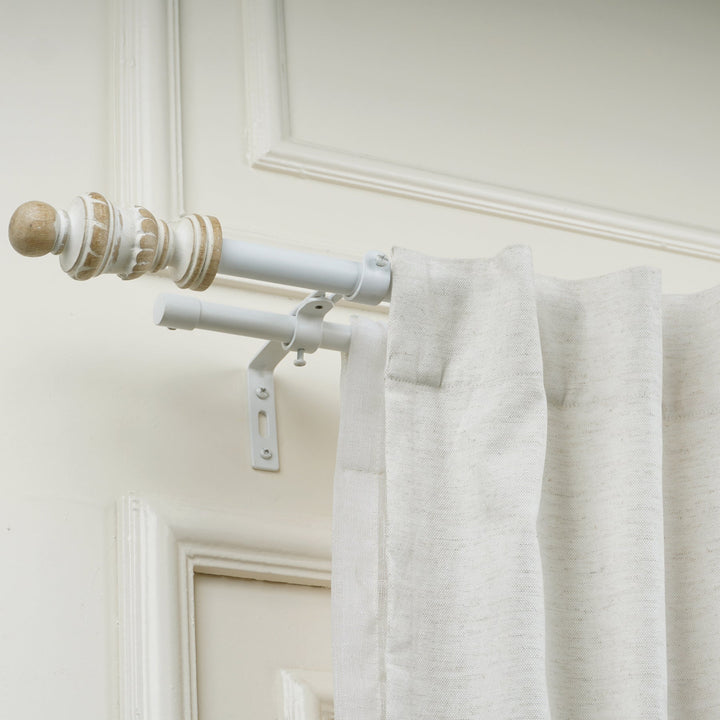 White & Wood Double Curtain Pole | Classic Turned Finials | Extendable | Farmhouse Style