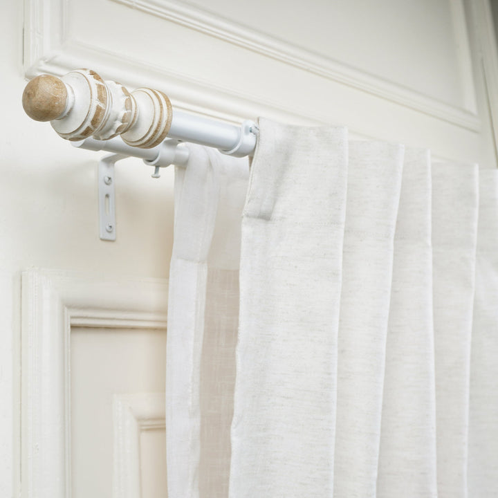 White & Wood Double Curtain Pole | Classic Turned Finials | Extendable | Farmhouse Style