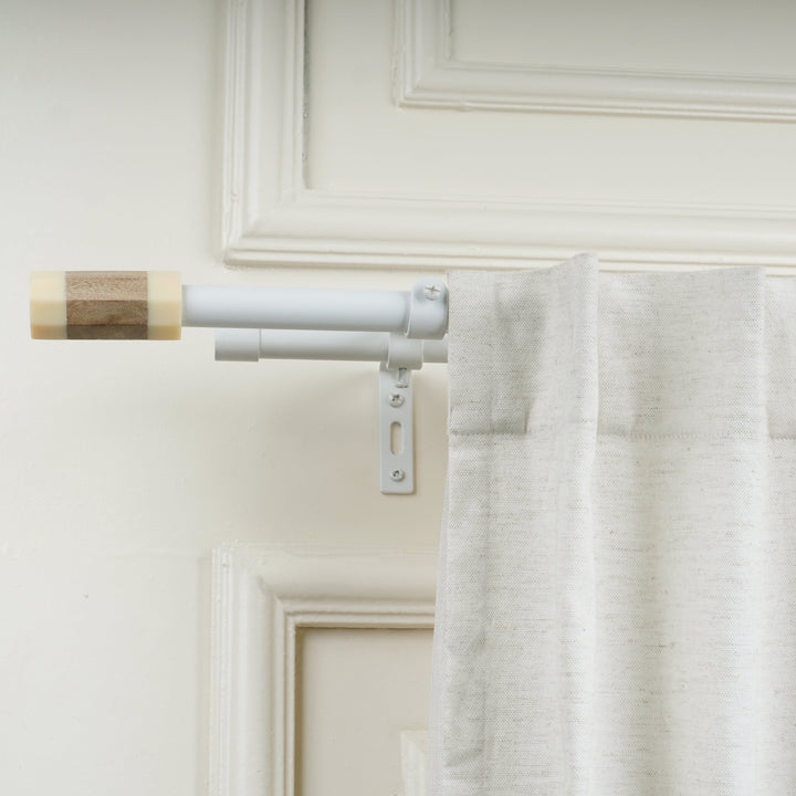 White Double Curtain Pole | Marble & Wood Cylinder Finials | Rustproof | 25KG Load | Modern Style