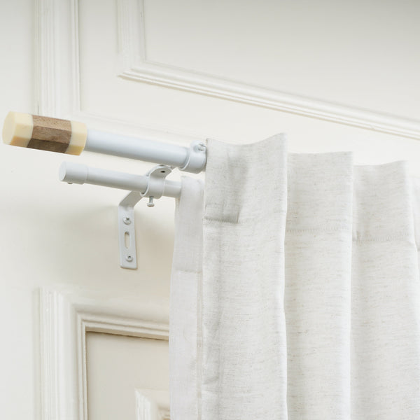 White Double Curtain Pole | Marble & Wood Cylinder Finials | Rustproof | 25KG Load | Modern Style