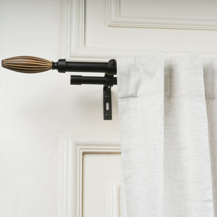 Black Double Curtain Pole Set with Wooden Bud Finials - Extendable, Telescopic, Rustproof - 71-122cm, 122-224cm, 213-366cm