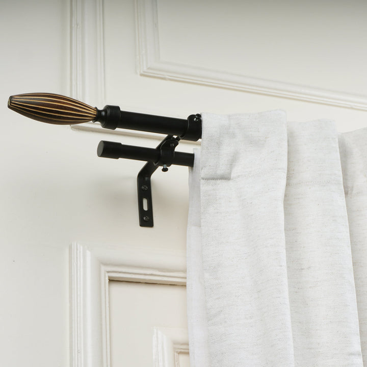 Black Double Curtain Pole Set with Wooden Bud Finials - Extendable, Telescopic, Rustproof - 71-122cm, 122-224cm, 213-366cm