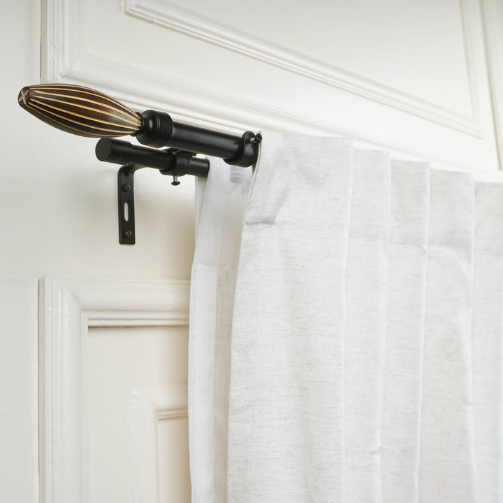 Black Double Curtain Pole Set with Wooden Bud Finials - Extendable, Telescopic, Rustproof - 71-122cm, 122-224cm, 213-366cm