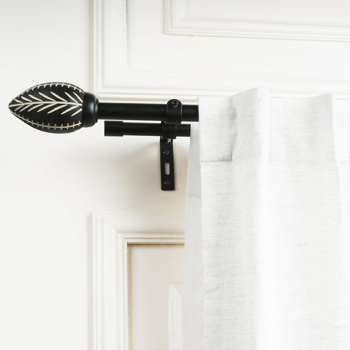 Black Extendable Double Curtain Pole for Doors & Windows | Wooden Hand Painted Bud Finials | Leaf Pattern
