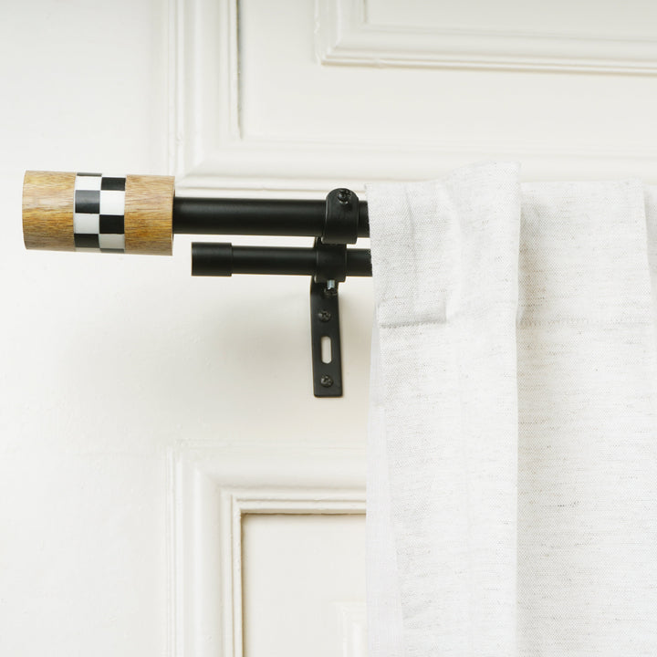 Black Metal Double Curtain Rod | Wood & Checkered Finials | Extendable