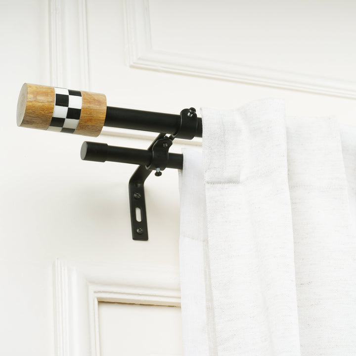 Black Metal Double Curtain Rod | Wood & Checkered Finials | Extendable