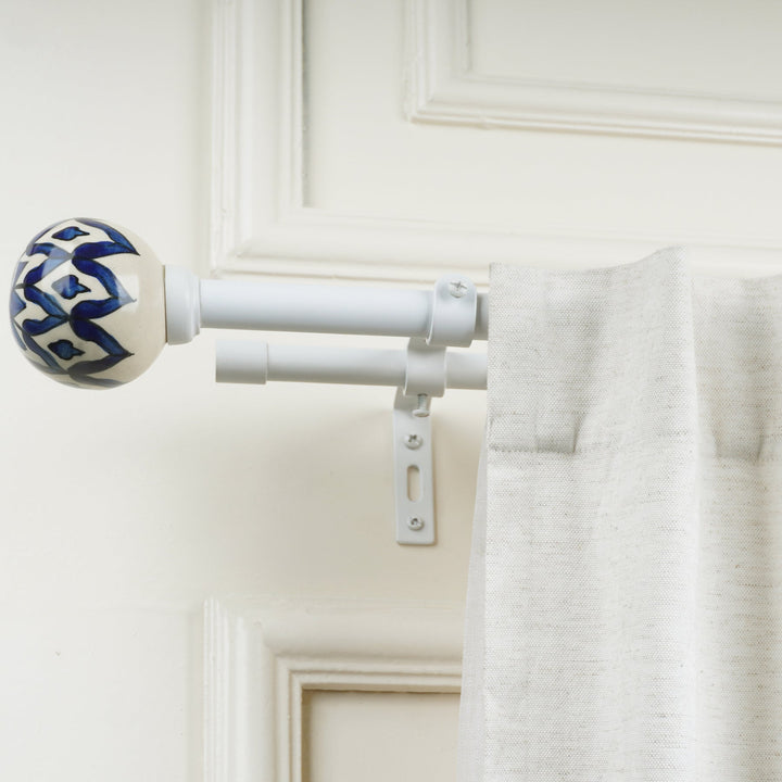 White Extendable Double Curtain Pole | Blue & White Ceramic Finials | Persian Hand Painted Pattern