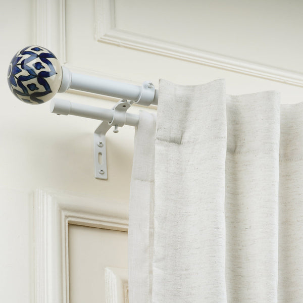 White Extendable Double Curtain Pole | Blue & White Ceramic Finials | Persian Hand Painted Pattern