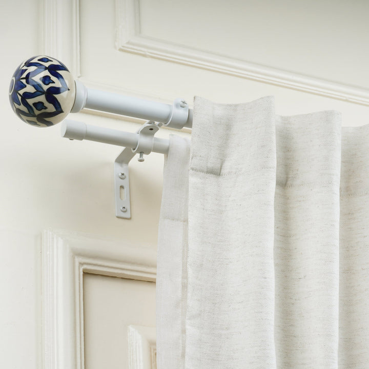 White Extendable Double Curtain Pole | Blue & White Ceramic Finials | Persian Hand Painted Pattern