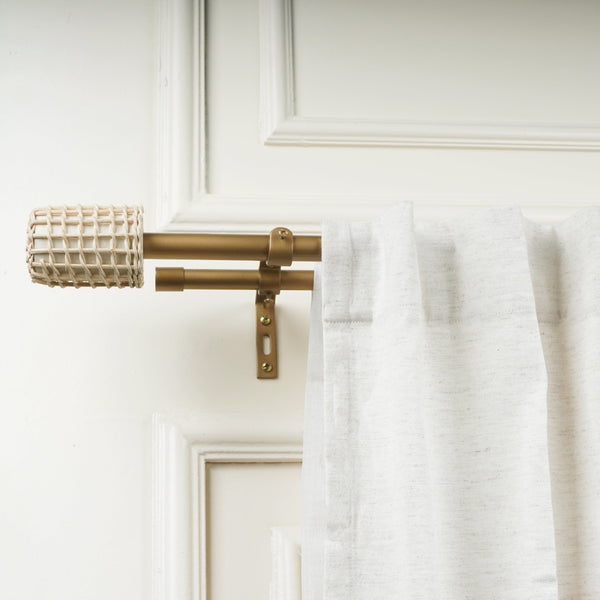 Double Curtain Pole | Gold | Extendable & Adjustable | Basketweave Finials