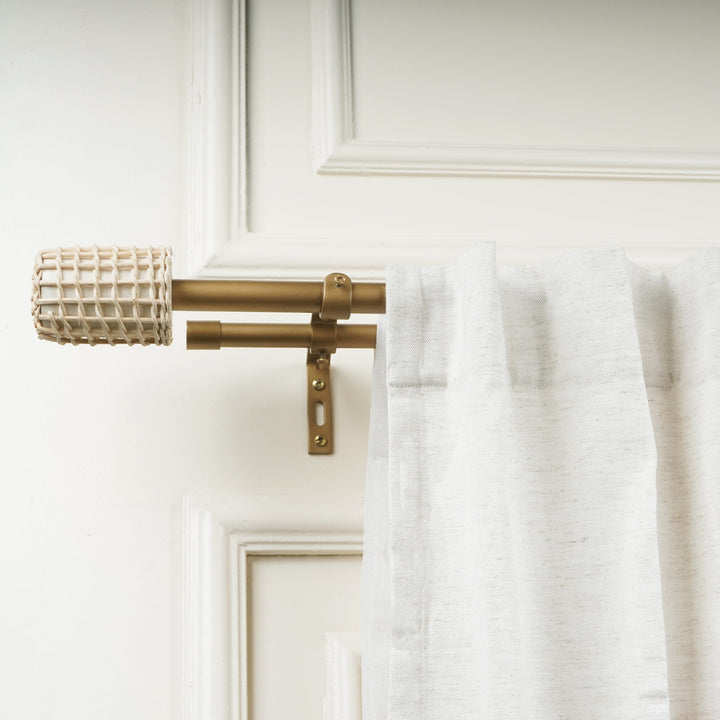 Double Curtain Pole | Gold | Extendable & Adjustable | Basketweave Finials