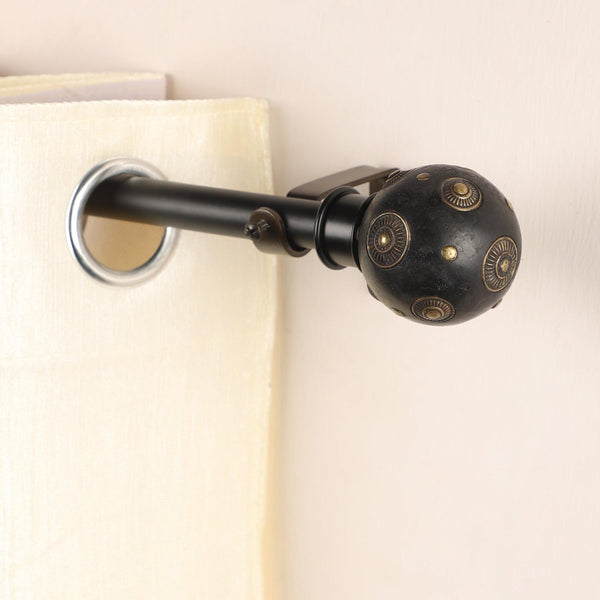 Black Extendable Curtain Pole | Studded Wooden Finials | 61-366cm